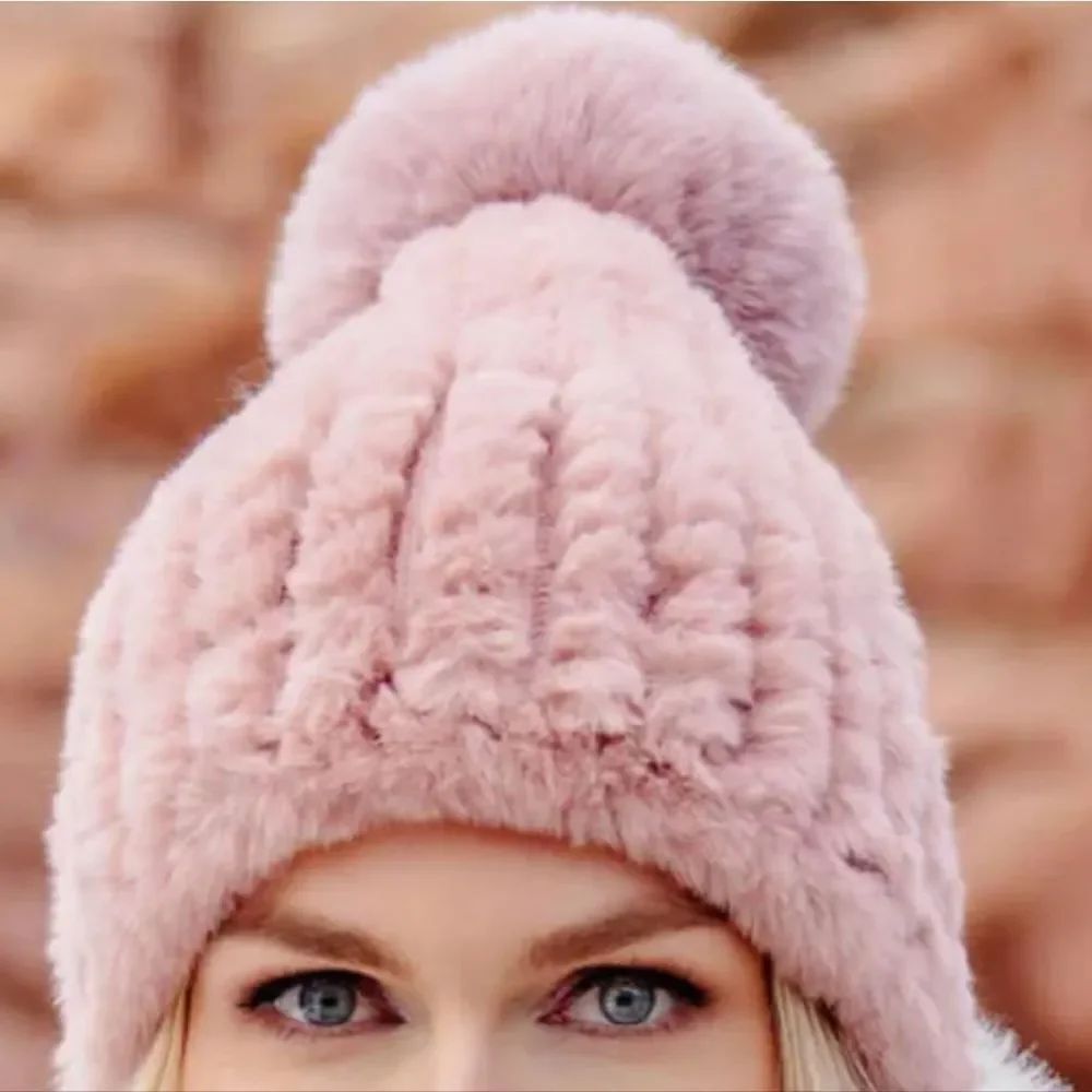 Pink Blush Faux Fur Had Cap Pom Pom